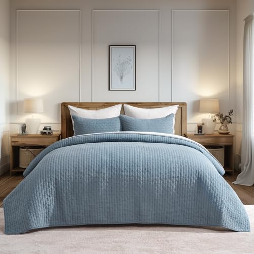 EVERGRACE x Kinsey Walsh 100% Cotton Cross Stitch Quilt, King, Dusty Blue - color: Dusty Blue, size: King/Cal King (108" X 96")
