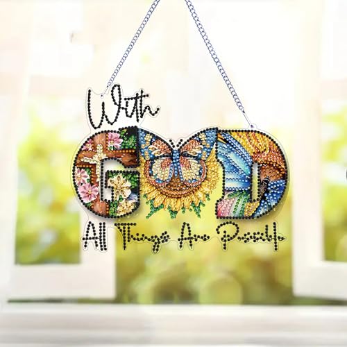 STGLCR DIY Butterfly Hanging Diamond Art Kit God, Acrylic Diamonds Painting Pendant Board Kit, 5D Gem Art Ornament Kit for Adults, Double Sided 7.8inch with God All Thing are Possible - color: God butterfly