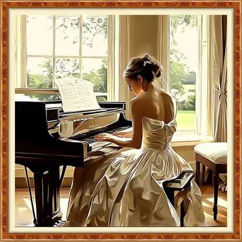 Funchey Counted Cross Stitch Kits for Adults Needlepoint Kits Unprinted Cross Stitching Embroidery Kit 11CT Cross Stitch Supplies- Piano Girl 18x18 inch - color: Artcolor16