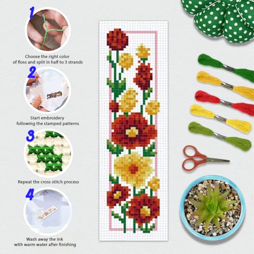 BEUNITONE 6 Set Floral Bookmark Cross Stitch Kits for Beginners with Instructions Floral Bookmarks Cross-Stitch Kit Stamped Embroidery Bookmark DIY Crafts Book Marker for Book Lovers 8''x2.4'' 11CT - style: Flower Cluster A