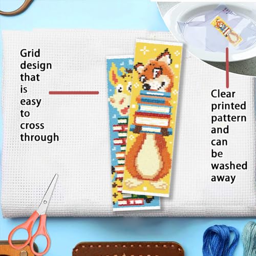 FREEBLOSS 6 Set Cross Stitch Bookmark Kit 11 CT Stamped Cross Stitch Kit DIY Embroidery Bookmark Kits for Adult Beginners with Instructions, Animal Books, 6 x 20 cm/8" x 2.4" - style: Animal&Books