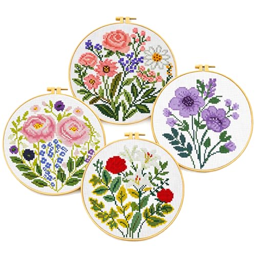 Zhenqing 4-Piece Floral Cross Stitch Kit for Beginners - 11CT 24x24cm Christmas Embroidery Set with Pre-Printed Fabric, Hoop, Threads & Tools(70526) - color: Floral-4 Piece
