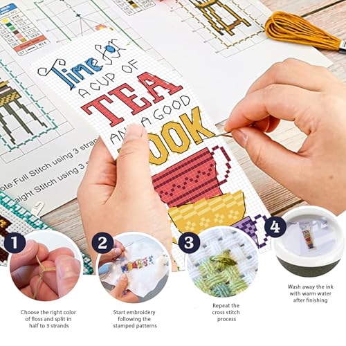 FREEBLOSS 6 Set Cross Stitch Bookmark Kits Book Teacup Pattern Stamped Cross Stitch Kit 11CT Embroidery Kit with Instructions for Beginners 20x6cm/8x2.4inch - style: Traditional
