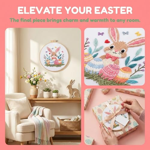 WaFtesh Embroidery Kits for Beginners Adult, DIY Hand Embroidery Cross Stitch Starter Set with Pattern, 3D Rabbit Needlepoint & Cross Stitch 7.9 Inch Hoop Threads, Needles, Instruction - color: Bunny-2