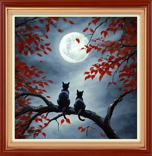 Foxhool Stamped Cross Stitch Kits,11CT Printed Cross Stitch Pattern Full Embroidery Kits for Beginner Needlepoint Kits&Two Cats Admiring the Moon 18x18 inch - color: ColorSet12