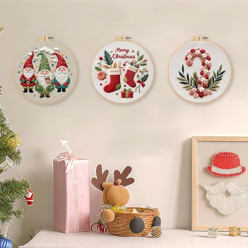 LB Cute Christmas Embroidery Kit for Beginners Adults, 3 Sets Hand Embroidery Starter Kit with Gnome Pattern and Instructions Stamped Cross Stitch Kits Include Embroidery Hoop Needles Threads Scissors - color: Green Pink