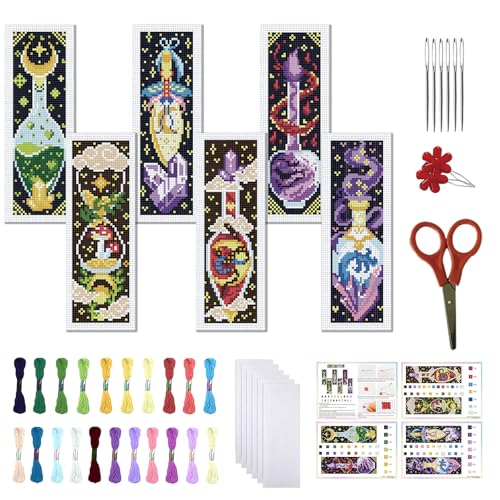 FREEBLOSS 6pcs Potion Cross Stitch Bookmark Kit 11CT Stamped Cross Stitch Kit DIY Embroidery Bookmarks Set with Felts Backing Instructions for Adult Beginners 8"x2.4" - style: Magic