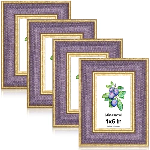 4x6 Picture Frame - Lavender Purple Fabric & Vintage Gold Border HD Real Glass with Easel for Tabletop/Wall (Family Photos, Calm Decor 4 Pack) - color: Purple-4pcs, size: 4x6