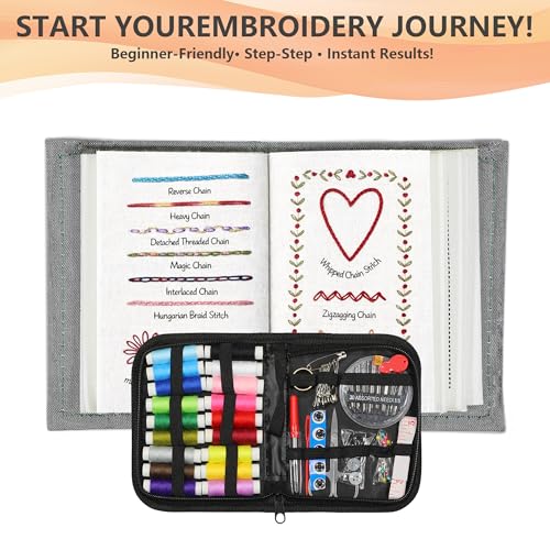 INDCOLOR 2026 Upgraded Embroidery Stitch Book Kit, 106 Patterns with Tools & Tutorials, 86 PCS Beginner Embroidery Kit, Portable All-in-One Hand Embroidery Book for Adults & DIY Craft Lovers