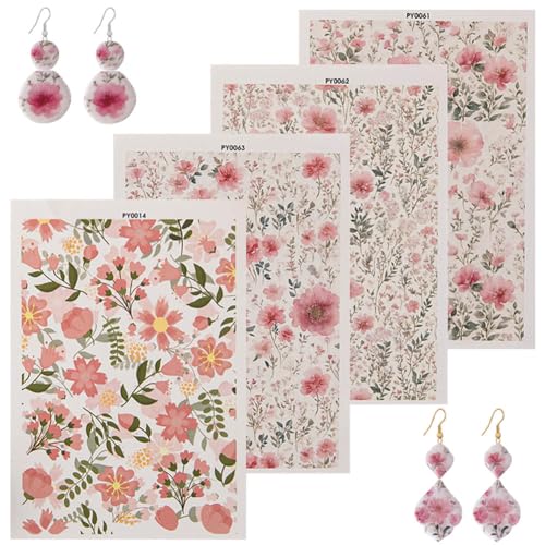 KABAKE Polymer Clay Transfer Paper 4 PCS Colorful Flowers Water Soluble Transfer Sheet for Earrings Jewelry Making - color: Retro Flower