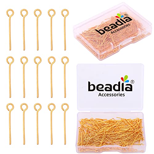 BEADIA 18K Gold Plated Open Eye Pins Non Tarnish 25mm 200pcs for Jewelry Making Findings - color: Open Eye Pins Gold, size: 25x0.7mm