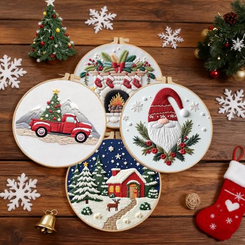BBLYBD Christmas Embroidery Kit, 4 Set Embroidery DIY Starter Kit, Cross Stitch Kits with Pre-Printed Embroidery Fabric, Hoops, Step-by-Step Instructions, Color Threads & Needles (Christmas-4 Set) - color: Christmas-4 Set