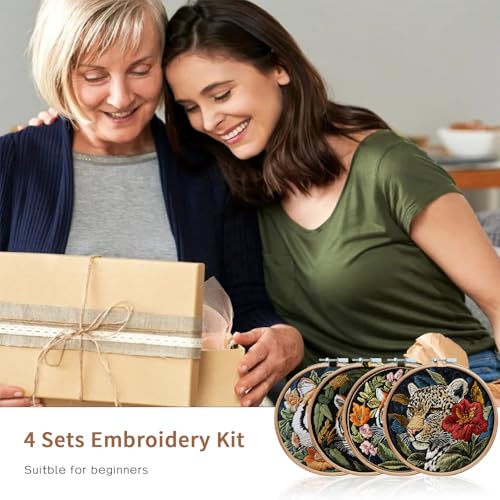LB 4 Pack Wildlife Animal Leopard Embroidery Kit for Beginners Green Leaf Beginner Embroidery Kit for Adults DIY Starter Kit with Embroidery Hoop Colorful Threads Tools Step by Step Instructions - color: Green