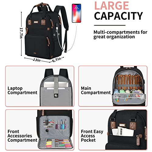 SINVICKO Crochet Bag, Knitting Bag Backpack and Totes Organizer with USB Charging Port, Large Yarn Storage Tote Bag - color: Black