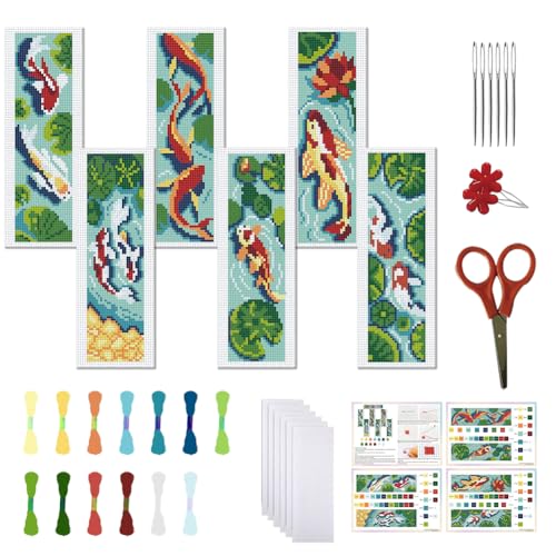 FREEBLOSS 6 Set Lotus Cross Stitch Bookmark Kit 8.66''x3.15'' 11CT - style: Koi ponds