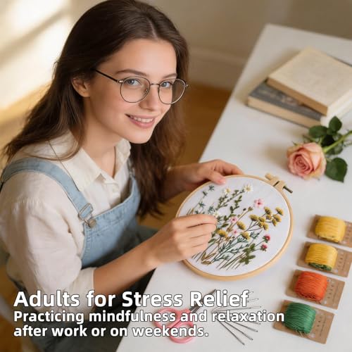 Herdiese Embroidery Kit for Beginners & Adults, 3PCS Floral Patterns. - color: Flower-C (3 Pack)