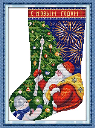 Howie's Needlepoint Cross Stitch Kits, 14CT Pre-Printed Christmas Pattern Embroidery Kits, Full Range of Stamped Starter Needlework Kits (Christmas Stocking-Santa Claus, 12.2 x 16.5inch) - color: Christmas Stocking-Santa Claus