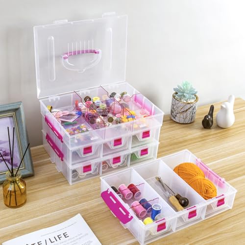 MyGift Stackable Single Tray Add-On for 11-Inch Clear Arts & Crafts Container, 9-Compartment Sewing Supplies Organizer with Removable Dividers for Craft Storage, Includes 3 Drawers - color: Clear & Pink (Add on Tray Only)