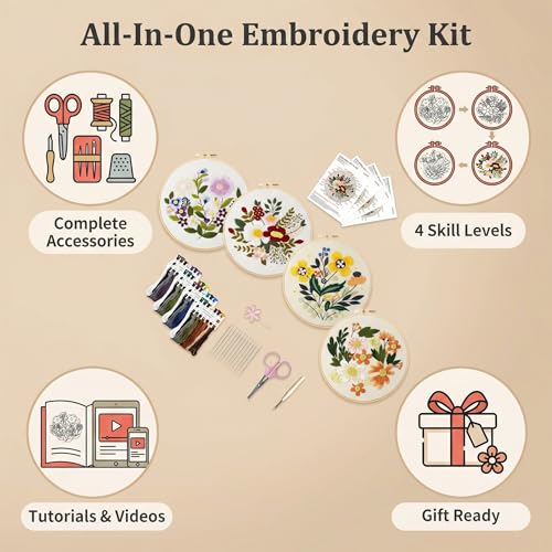 PALUJEF Floral Embroidery Kits for Beginners, Cross Stitch Kits for Adults, Easy Needlepoint Kits with Fun Floral Patterns, DIY Needlepoint Embroidery Starter Kit with Instructions, Mother’s Day Gift