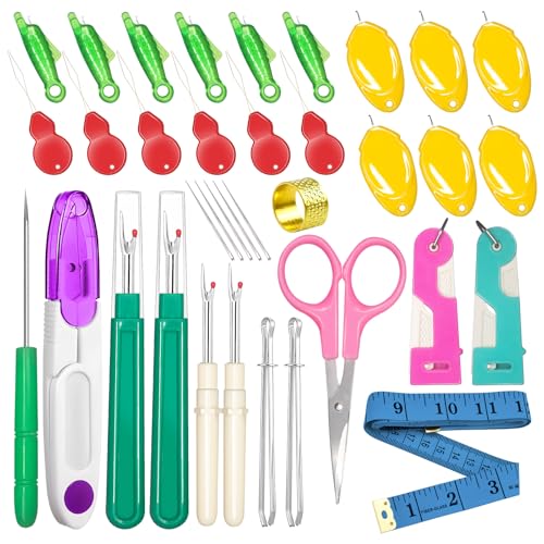 Lechchy 36 Pcs Sewing Tool, 2 Big+ 2 Small Seam Rippers, 20 Needle Threaders, 1 Small Sewing Scissors, 1 Thread Snips, 2 Drawstring Threaders, 1 Soft Tape Measure, 1 Awl Tool, 1 Thimble, and 5 Needles - color: Style 2