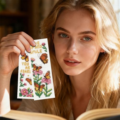 INFUNLY 6pcs Butterfly Quotes Cross Stitch Bookmark Kit DIY Embroidery Starter Set 3x8.5 Inch Cotton Linen Pre-Printed Fabric 14 Colors Floss Backing Felt Needles Threader Instructions for Book Lovers - style: Butterfly and Quotes