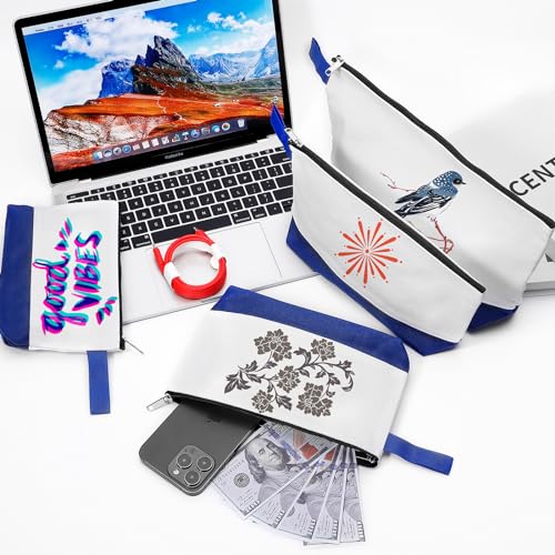 10 Pieces Cotton Canvas Makeup Bag with Bottom and Strap, Multi-Purpose Cosmetic Bag with Zipper Travel Toiletry Pouch, Blank DIY Craft Bag (White&Blue, XS) - color: White&Blue, size: XS