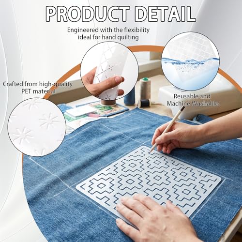 10 Pcs 5.1 Inch Plastic Sashiko Stencil Kit - Geometric Sashiko Pattern Template Drawing Line Quilting Stencil with Sewing Thimble Finger Protector, Embroidery Pattern Stabilizer for Hand Quilting