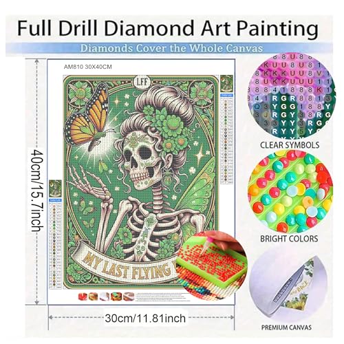 KUFWKEY Skull Diamond Art Kits for Adults,Skeleton Tarot Diamond Painting Kits for Beginners,5D DIY Full Drill Round Diamond Dots,Mosaic Gem Art Crafts for Wall Decor,St Patrick Gift,12X16 inch - color: AM810