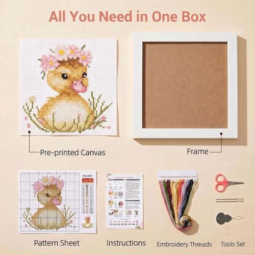 Cute Duck Stamped Cross Stitch Kits for Beginners Adults with Framed - color: DKJ007