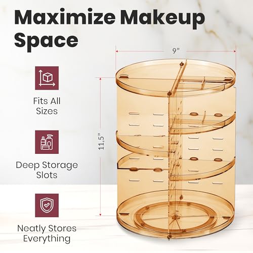 Masirs 360 Rotating Makeup Organizer Countertop, Adjustable Shelf, Brown - color: Brown