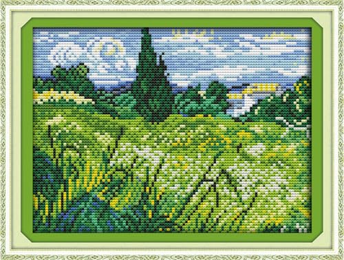 IUHUI 14 Count Stamped Cross Stitch Kits for Beginners Adults, The Field of Van Gogh Pre-Printed DIY 14ct Embroidery Sewing Starter Kit Needlework Easy Patterns Famous Paintings - color: The Field