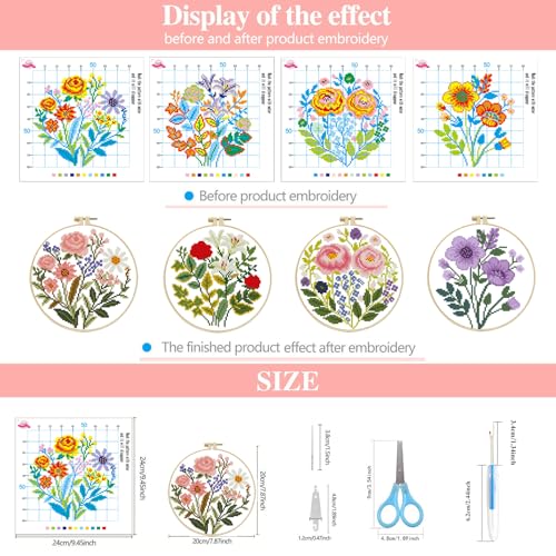 Zhenqing 4-Piece Floral Cross Stitch Kit for Beginners - 11CT 24x24cm Christmas Embroidery Set with Pre-Printed Fabric, Hoop, Threads & Tools(70526) - color: Floral-4 Piece
