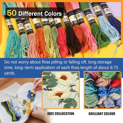Glarks 78pcs Linen Fabric Embroidery Set Includes 50pcs Stitch Embroidery Thread 6pcs Embroidery Linen Cloth 6pcs Bamboo Circle Cross Stitch Hoop 10pcs Sewing Needles and 6pcs Tailoring Tools