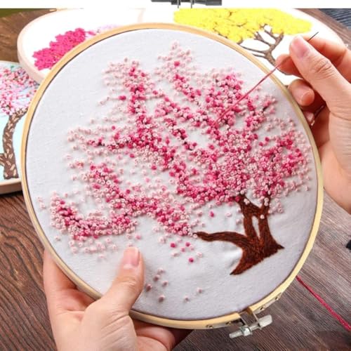 Arte Vita Embroidery Starter Kit Cherry Blossom Tree Full Range DIY for Beginners - color: White-Pink