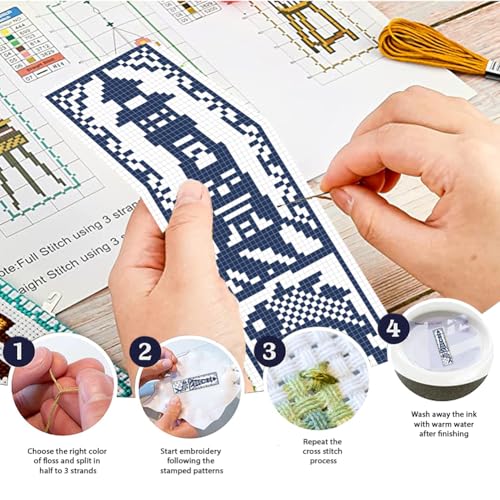 FREEBLOSS 6 Set Monochrome City Stamped Cross Stitch Bookmark Kits Cross Stitch Kit Embroidery Bookmarks Kit for Beginners with Backing Felt Embroidery Floss DIY Bookmark Kit for Book Lovers 8x2.4''