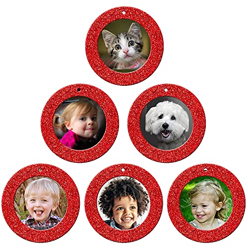 The Original Mini Glitter Photo Christmas Ornaments, Magnetic Easy-Load Picture Frame Ornament, Includes Photo Protectors Plus Hooks for Hanging, Round, Red 6-Pack - color: Red