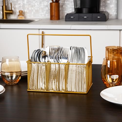Mind Reader Multi-purpose Storage Caddy with Handle, Desktop Organizer, Cutlery Holder, 4 Compartments, Metal Mesh, Gold