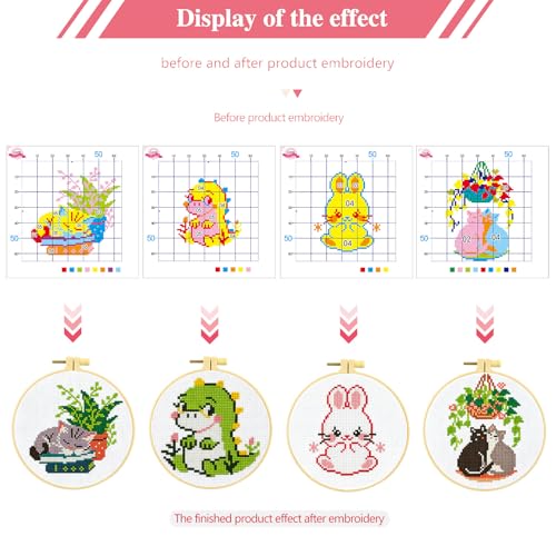 Zhenqing 4 Cute Animal Cross Stitch Kit for Beginners, 11CT Printed 24x24cm with Hoop, Dinosaur Cat Bunny Embroidery Set（68123）