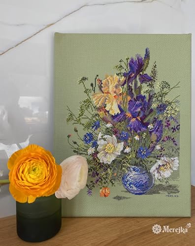 Merejka Irises and Wildflowers Counted Cross Stitch Kit K-249, Floral Still Life on Green Zweigart Aida 14, 38 DMC Mouliné Colors, John James Needle, Finished 9.8 x 13.8 in (25 x 35 cm)