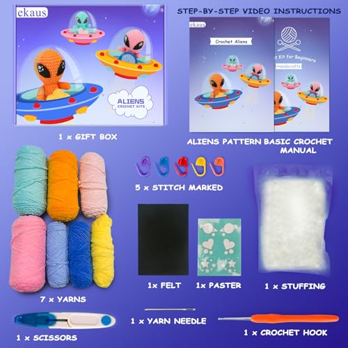 ekaus Crochet Kit for Beginners, Crochet Kit with Step-by-Step Video Tutorials, Crochet DIY Knitting Supplies for Adults, Crochet Aliens(45%+ Yarn) - color: Crochet Aliens