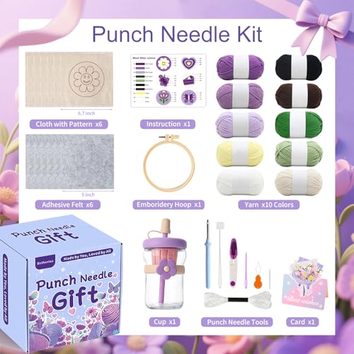 Betherioa Punch Needle Kits for Adults Beginner, 6 Pcs DIY Embroidery Handicraft Kits for Women, Mom, Wife, Birthday, Teacher Appreciation (with Flower Cup)
