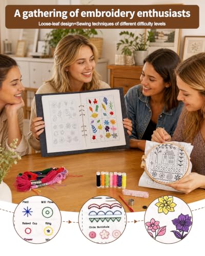 yewgag 2026 New Embroidery Stitch Book Kit,Loose-Leaf Design,Large Size,with 6'' Embroidery Hoop,24 Colors Embroidery Thread,138 Patterns,Stitch Diagram,Complete Sewing Tool,Sewing Kits for Beginners