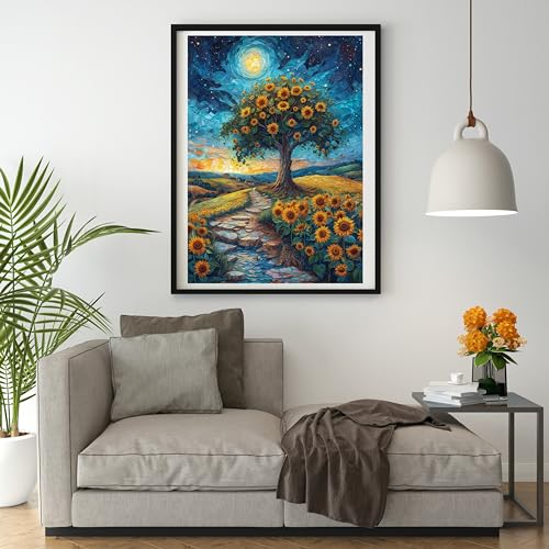 Stamped Cross Stitch Kits for Adults 14 Count Printed Cross Stitch Kits for Beginners Moon and Tree Sunflowers Cross Stitch Patterns Needlepoint kit (Moon and Tree Sunflowers) - color: Moon and Tree Sunflowers