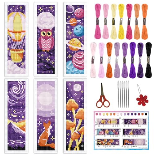 INFUNLY 6pcs Purple DIY Cross Stitch Bookmark Kits 2.4''x7.9'' Owls Stamped Embroidery Bookmark Kit with Instruction Hot Air Balloon Embroidery Bookmark Set with Pre-Printed Pattern for Book Lovers - style: Purple Universe