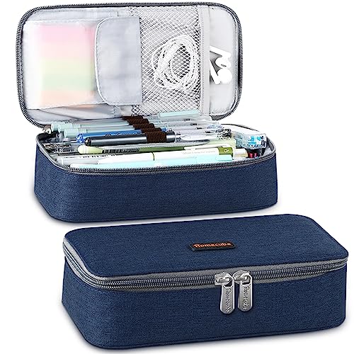 Homecube Capacious Pencil Case Pen Box Makeup Bag Pouch Pencils Holder Large Storage Stationery Box with Zipper School Supplies for College and Office - Navy Blue - color: Navy Blue