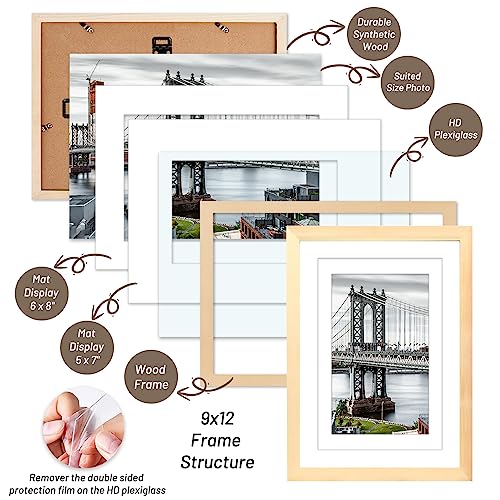 9x12 or 6x8/5x7 Solid Wood Frame with Mat/Matless for Wall Mount or Table Top (Natural) - color: Natural, size: 9x12 inch