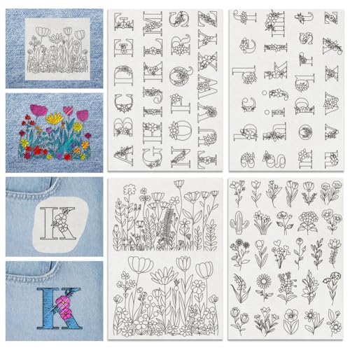 ACRNIGHEET 81PCS Water Soluble Embroidery Stabilizers Letter Patterns Embroidery Stick and Stitch Paper with Pre-Printed Flower and Letter Patterns for Hand Sewing Lover Beginners