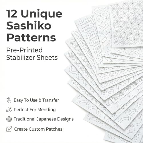 12 Sheets Pre-Printed Water Soluble Stabilizer with Sashiko Patterns, Stick and Stitch Embroidery Transfer Paper for Hand Sewing, Quilting and Embroidery