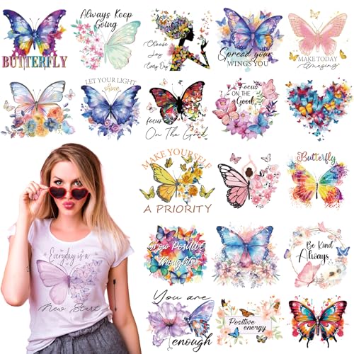 Dazoratix Watercolor Butterfly Iron on Transfers - 20 Sheets Cute DTF Ready to Press Heat Patches Floral Vinyl Designs Stickers Decals for T Shirts Women Clothes Clothing DIY Craft Applique Decoration - style: Watercolor Butterfly