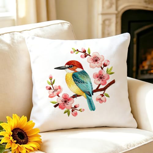 BEUNITONE 6 Set Embroidery Kit for Beginner Adults, Hummingbird & Flower Cross Stitch Set with Stamped Pattern Hoops Threads Cloth Needles, Embroidery Starter Kit for Home Decoration and Gifting - style: Flower Bird